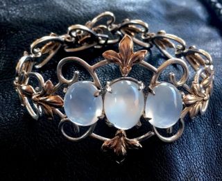 Antique Art Deco Nouveau 14k Yellow Gold Sterling Moonstone Bracelet