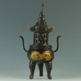 Chinese Copper Gilt Handwork Carved Dragon Incense Burner W Qianlong Mark My0360