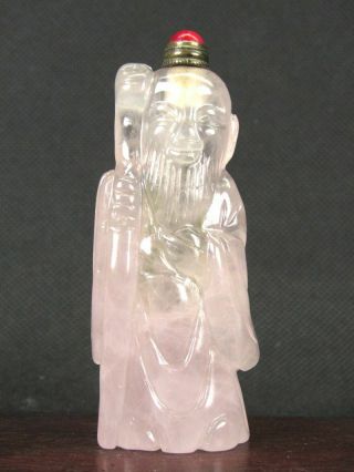 Chinese Elder Carved Natura Pink Quartz Crystal Snuff Bottle