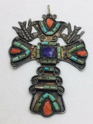 Matl Matilde Poulat Mexican Vintage Sterling Silver Turquoise Cross Bird Pendant