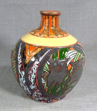 Austrian Art Deco Bauhaus Lamp Base Slag Glazed Ceramic Vase Urn Wise Owl Shade