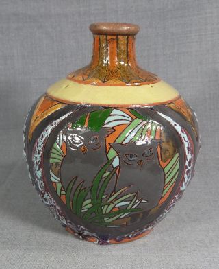 Austrian Art Deco Bauhaus Lamp Base Slag Glazed Ceramic Vase Urn Wise Owl Shade 2