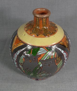 Austrian Art Deco Bauhaus Lamp Base Slag Glazed Ceramic Vase Urn Wise Owl Shade 4