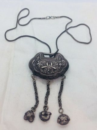 Chinese Antique Sterling Silver Ornate Double Sided Pendant Necklace