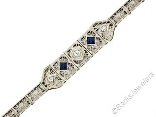 Antique Art Deco 14k White Gold.  22ctw Diamond Sapphire Filigree Belly Bracelet