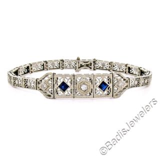 Antique Art Deco 14k White Gold.  22ctw Diamond Sapphire Filigree Belly Bracelet 2
