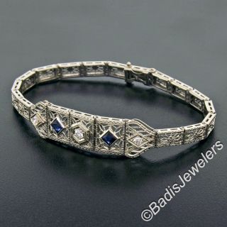 Antique Art Deco 14k White Gold.  22ctw Diamond Sapphire Filigree Belly Bracelet 3