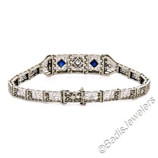 Antique Art Deco 14k White Gold.  22ctw Diamond Sapphire Filigree Belly Bracelet 4