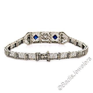 Antique Art Deco 14k White Gold.  22ctw Diamond Sapphire Filigree Belly Bracelet 5