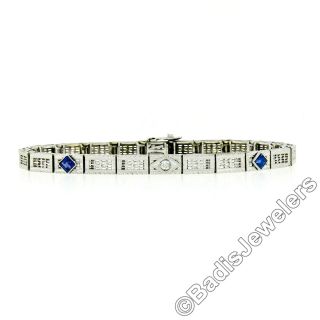 Antique Art Deco 18k White Gold Diamond & Sapphire Etched Line Filigree Bracelet