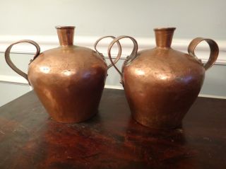 Antique Pair 18thc Copper Whiskey Still Jugs One Maker Moonshine Decanter Bottle