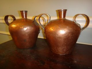 Antique Pair 18thC Copper Whiskey Still Jugs One Maker Moonshine Decanter Bottle 7