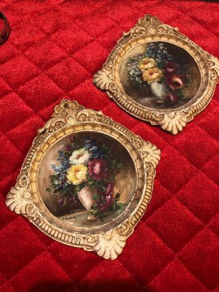 Antique Victorian Artist Hand Painted Roses Wall Plaques Signed C.  Mallory