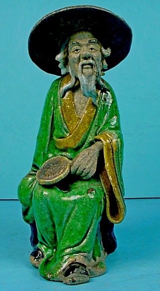 Large Vintage Chinese Shekwan Stoneware Seated Mudman With Fan Figurine