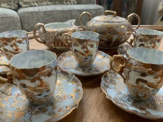 Rare Antique Japanese Or Chinese Tea Cups Set China Porcelain Gold Embellished