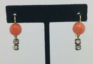 Antique Victorian Red Coral & Rose Cut Diamond Gold Dangle Earrings