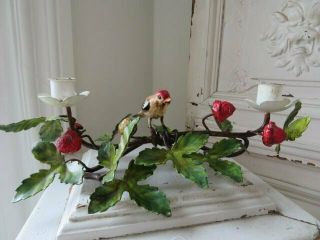 Fabulous Old Vintage Italian Tole Candleholder Precious Bird Strawberries