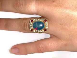 Opal Doublet 18 Ct Yellow Gold Diamond & Pink Spinel 1991 Statement Ring K 1/2 10
