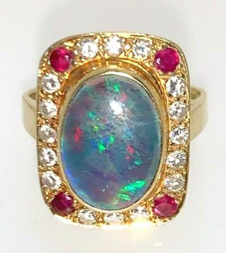 Opal Doublet 18 Ct Yellow Gold Diamond & Pink Spinel 1991 Statement Ring K 1/2