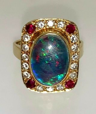 Opal Doublet 18 Ct Yellow Gold Diamond & Pink Spinel 1991 Statement Ring K 1/2 2