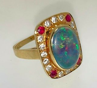 Opal Doublet 18 Ct Yellow Gold Diamond & Pink Spinel 1991 Statement Ring K 1/2 3