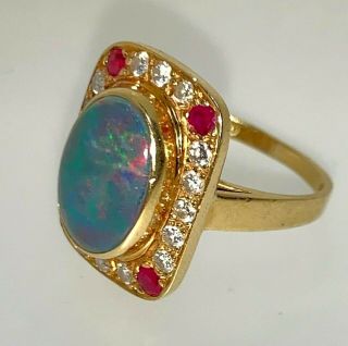 Opal Doublet 18 Ct Yellow Gold Diamond & Pink Spinel 1991 Statement Ring K 1/2 4