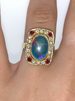 Opal Doublet 18 Ct Yellow Gold Diamond & Pink Spinel 1991 Statement Ring K 1/2 8