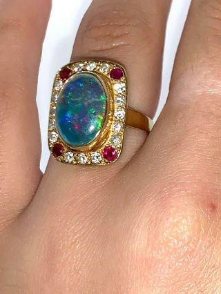 Opal Doublet 18 Ct Yellow Gold Diamond & Pink Spinel 1991 Statement Ring K 1/2 9