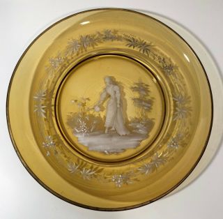 Fine 19th C Antique Mary Gregory Amber Plate Hand Painted Woman In Garden 10 "