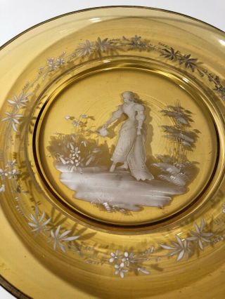 FINE 19th C ANTIQUE MARY GREGORY AMBER PLATE HAND PAINTED WOMAN IN GARDEN 10 