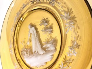 FINE 19th C ANTIQUE MARY GREGORY AMBER PLATE HAND PAINTED WOMAN IN GARDEN 10 