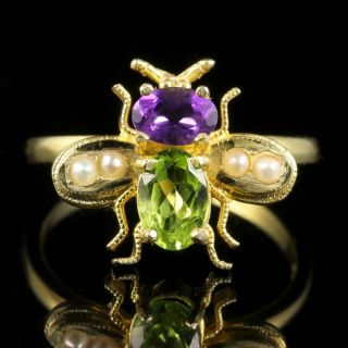 Suffragette Bee Ring Peridot Amethyst Pearl 18ct Gold Silver