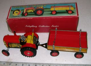 Schylling Lithographed Tin Toy Wind - Up Operating Farm Tractor & Traier