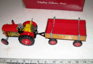 Schylling Lithographed Tin Toy Wind - up Operating FARM TRACTOR & TRAIER 2