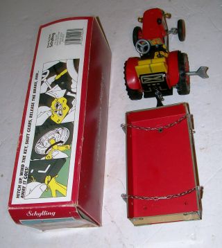 Schylling Lithographed Tin Toy Wind - up Operating FARM TRACTOR & TRAIER 5