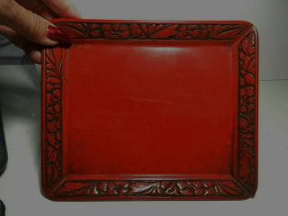 Antique Chinese Carved Cinnabar Lacquer On Wood Vanity Tray 7 1/4 " X 6 "