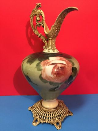 Antique 1792 Victorian Hand Painted Metal & Porcelain Ewer/ Vase.  15 3/4”tall.