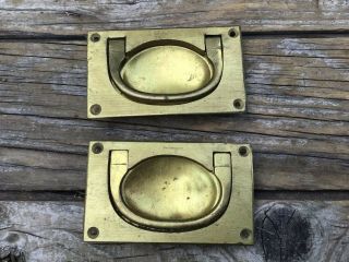 Pair Antique Brass Campaign Chest Ships Box Drawer Recessed Flush Handles 4”
