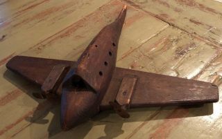 Unique Primitive Vintage Wood Carved Hand Made Toy Airplane Wooden Wheels.