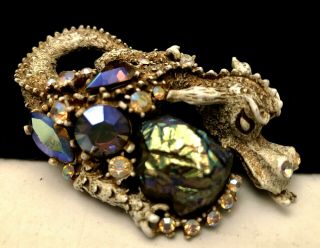 Coveted Rare 3 " Signed Har Goldtone Whitewashed Jeweled Dragon Brooch Pin A66