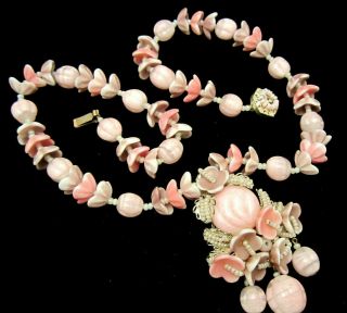 Rare Vintage 20 " X3 " Signed Miriam Haskell Pink Purple Glass Flower Necklace A48