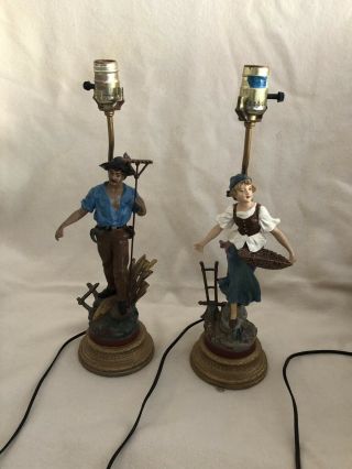 Vintage Early 20th Century Figural Farmer,  Wife Lamps In Paint