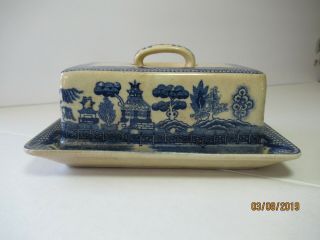 Antique Blue Willow Covered Butter Dish Transferware Japan/chinese