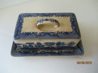 Antique Blue Willow Covered Butter Dish Transferware Japan/Chinese 2