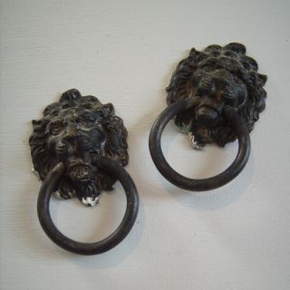 Vintage 2 Brass Lion Head W/ Ring Cabinet Door/drawer Pull Metal Gothic