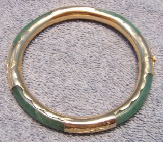 Lovely Vintage Gold & Green Jade Bangle Bracelet