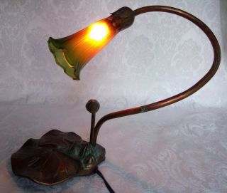 Vintage Tiffany Style Lamp Brass Or Bronze Water Lily Table Lamp
