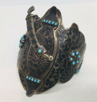 Russian Antique 84 Sterling Silver Niello & Blue Turquoise Sword Bracelet