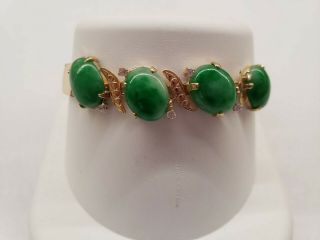 Vintage 18k Yellow Gold Green Jadeite Jade & White Topaz Bracelet 13.  2 G