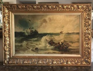 Antique Seascape Maritime Oil Painting Fishermen at Sea Framed European Art 2